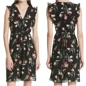 Rebecca Taylor Ikat Tie Front Silk Dress -Tulip / Black Floral Print 6